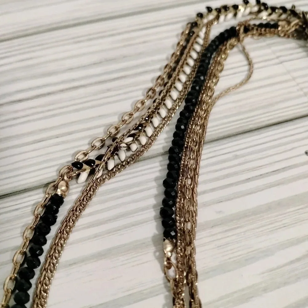 Chico's Gold Black White Gold Multi Strand Beaded Boho Statement Necklace 38